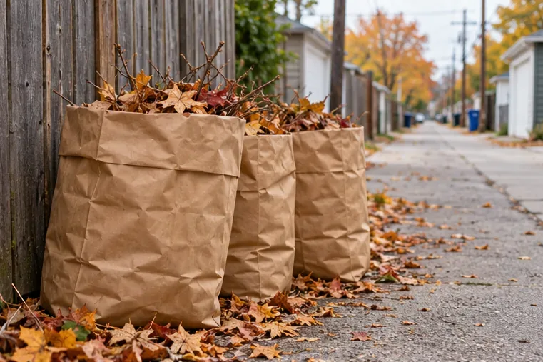Brown paper yard-waste bags filled with autumn leaves are lined up beside a residential alley.