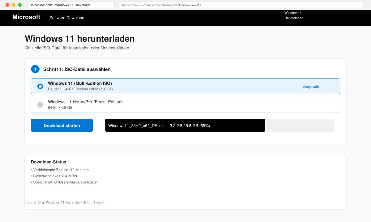 Schritt zum Herunterladen der Windows 11 ISO für CHIP Windows 11 kostenlos