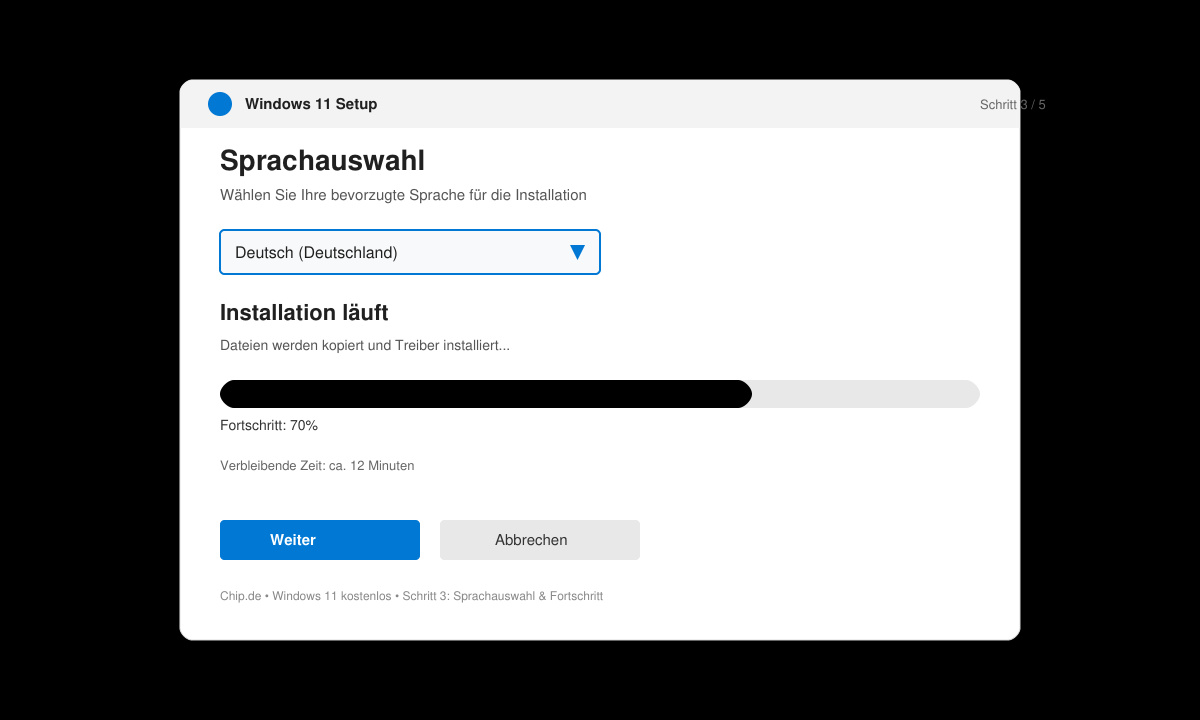 Windows 11 Installationsbildschirm nach dem Download über CHIP Windows 11 kostenlos