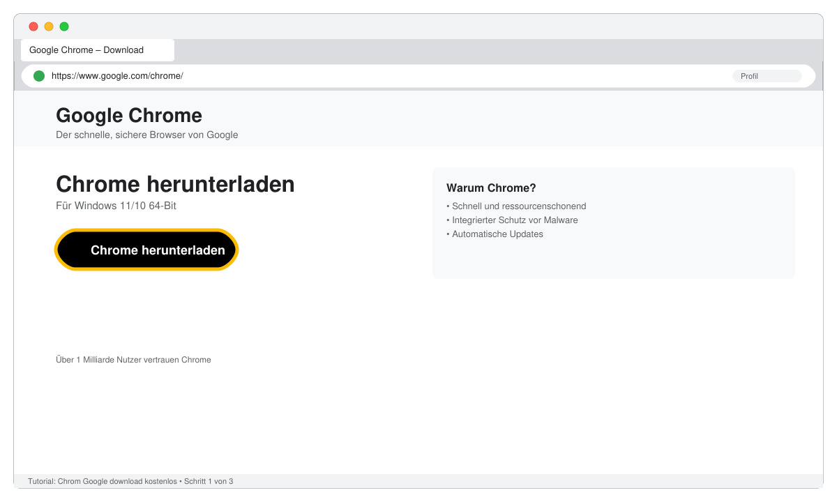 Browserfenster mit der Google Chrome Downloadseite und hervorgehobenem Download-Button