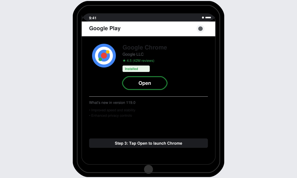 Smartphone screen displaying the Google Chrome app successfully installed with the Open button visible