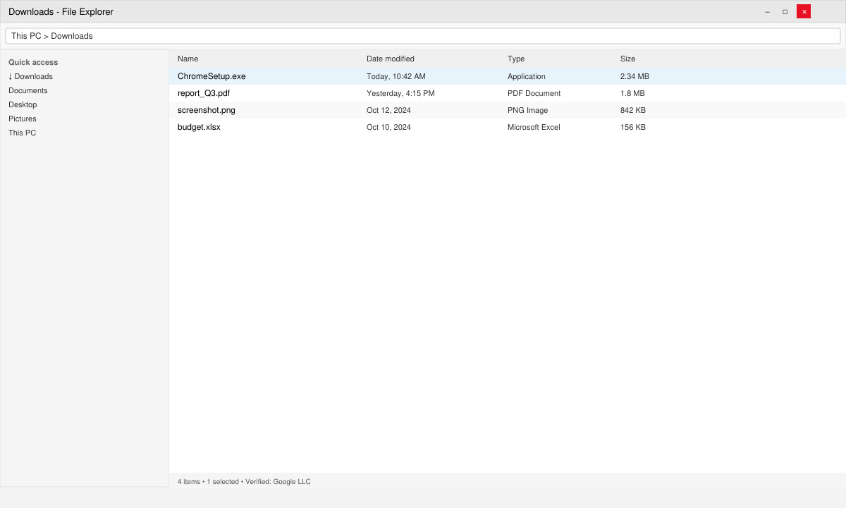 File Explorer window displaying the verified installer after Chrome Download App Install
