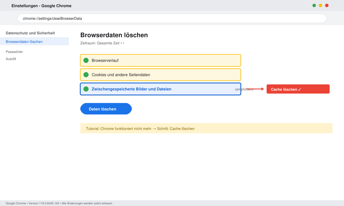 Chrome-Einstellungsfenster mit markierten Optionen zum Löschen des Caches