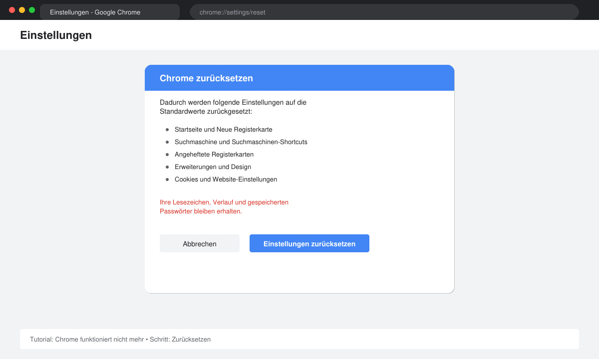 Chrome-Rücksetz-Dialog mit Bestätigungsbutton