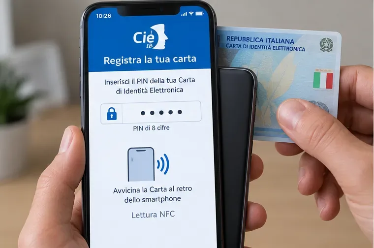 Smartphone con funzione Registra la tua carta mentre una CIE viene avvicinata al retro per la lettura NFC