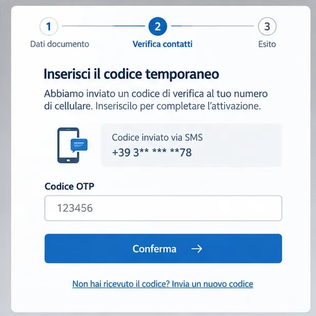 Schermata di verifica contatti con campo per un codice OTP ricevuto via SMS