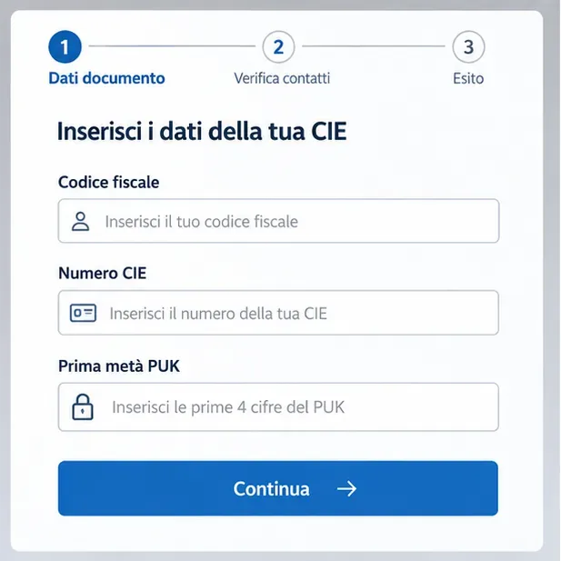 Modulo di attivazione con campi per codice fiscale, numero CIE e prima metà del PUK
