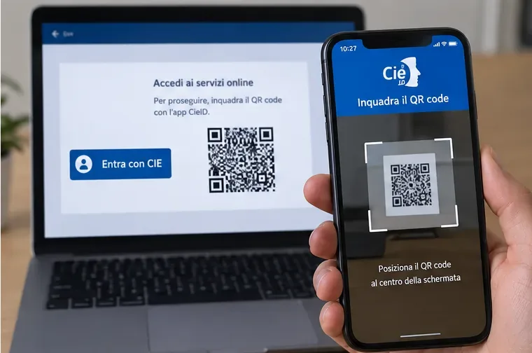 Laptop con pagina Entra con CIE e QR code mentre lo smartphone lo inquadra con l'app CieID