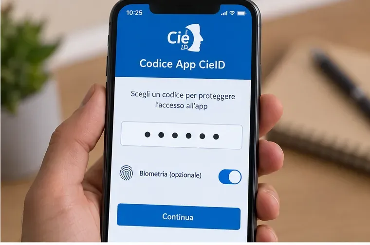 Smartphone con schermata Codice App CieID e opzione biometria