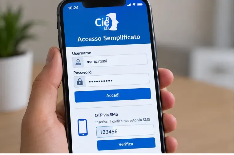 Smartphone con schermata Accesso Semplificato CieID, campi username e password e verifica OTP via SMS