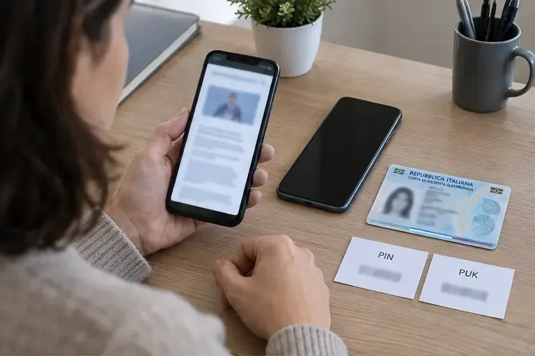 Un tavolo con due smartphone, una Carta d’Identità Elettronica e i promemoria dei codici PIN e PUK prima del cambio di telefono