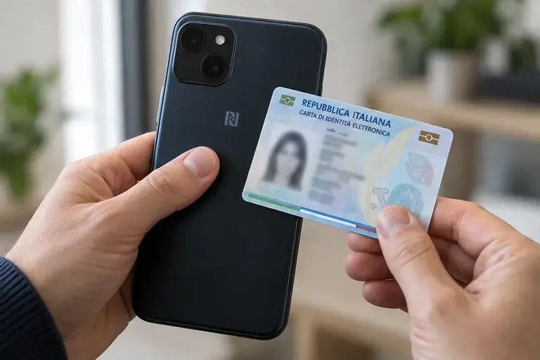 Una Carta d’Identità Elettronica viene avvicinata al retro di uno smartphone con tecnologia NFC per la registrazione della carta