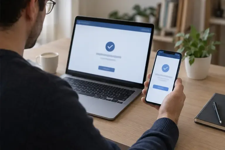 Una persona verifica l’accesso a un servizio online su un computer mentre conferma la richiesta sul nuovo smartphone
