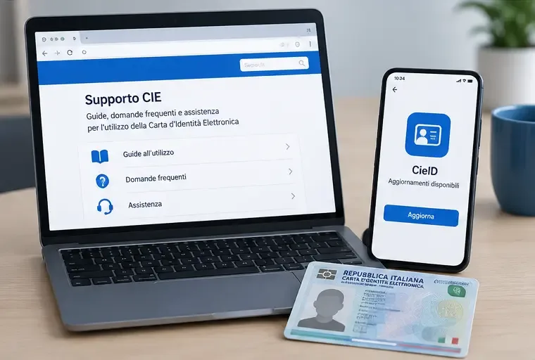 Scena illustrativa con laptop sulla pagina di supporto CIE, smartphone CieID con aggiornamento disponibile e carta elettronica