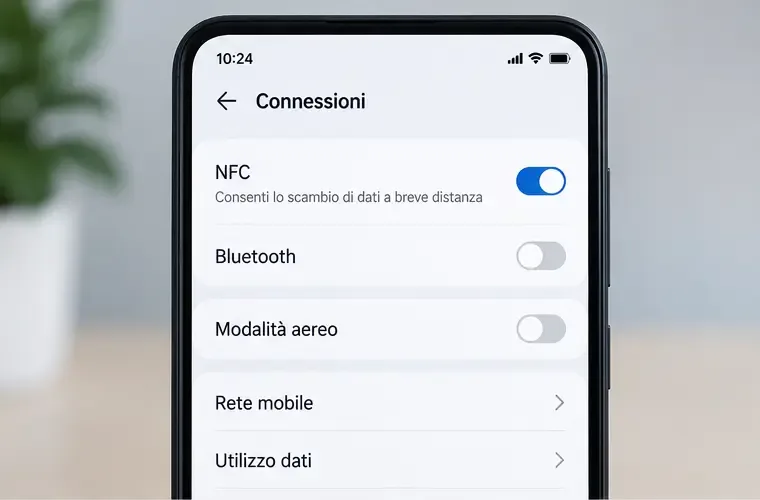 Schermata illustrativa delle impostazioni dello smartphone con l'opzione NFC attiva