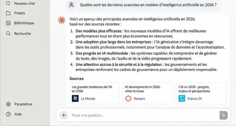 Exemple d’interface de réponse avec une question en haut, un résumé et une zone réservée aux sources consultées.