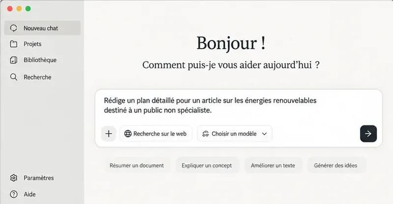 Écran de conversation montrant un champ de saisie, un exemple de prompt et des raccourcis vers la recherche web et le choix du modèle.