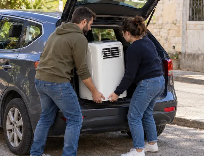Deux personnes transportent ensemble un climatiseur mobile vers le coffre ouvert d’une voiture.