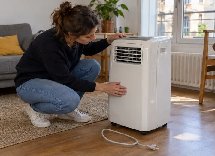 Une personne vérifie un climatiseur mobile débranché dans une pièce avant de s’en séparer.