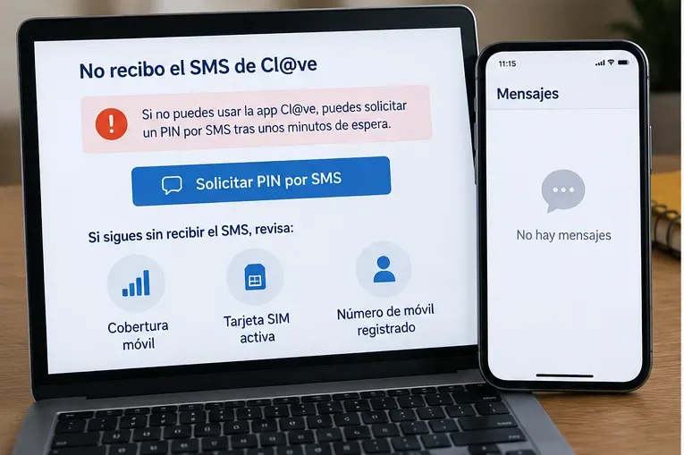 Pantalla que muestra la alternativa de solicitar un PIN por SMS cuando Cl@ve no llega al teléfono