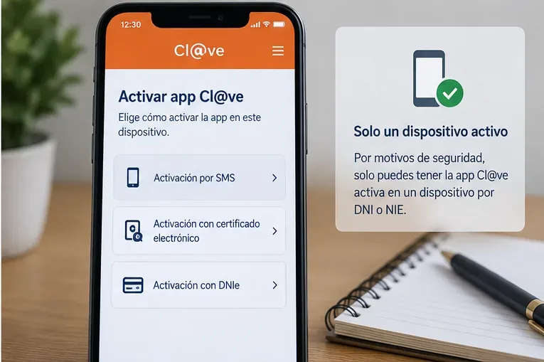 Pantalla de activación de la app Cl@ve con opciones por SMS, certificado electrónico y DNIe