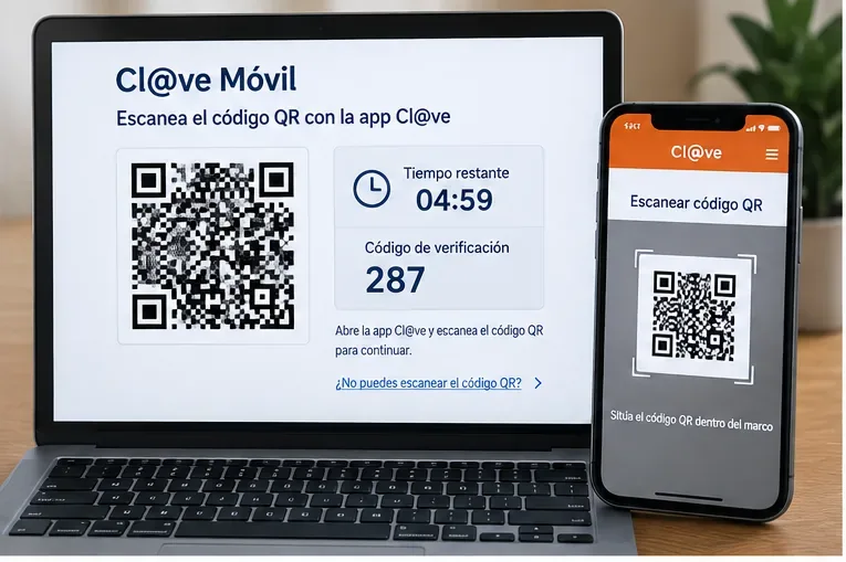 Pantalla de Cl@ve Móvil con un código QR y un teléfono preparado para escanearlo