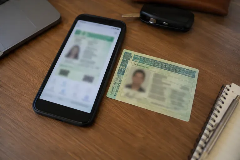 CNH física e documento digital aparecem lado a lado, mostrando a comparação recomendada antes de depender apenas do celular.