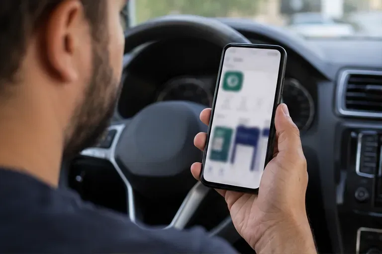 Motorista consulta no celular um aplicativo de documentos de trânsito enquanto o veículo permanece estacionado.