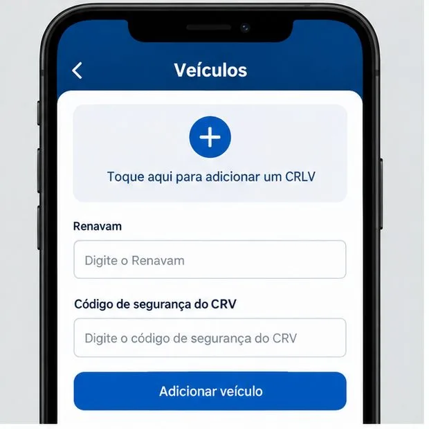 Tela esquemática para adicionar CRLV-e na seção Veículos.
