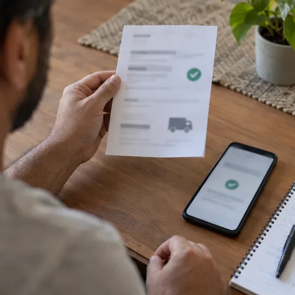 Pessoa conferindo uma confirmação de entrega ao lado do celular e de um caderno