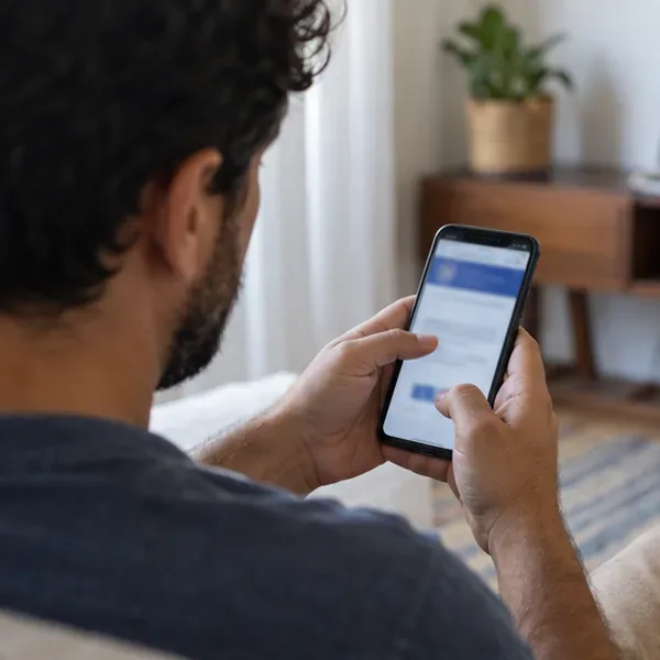 Pessoa usando o celular para registrar uma ocorrência de perda, com a tela desfocada