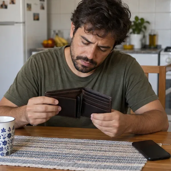 Pessoa conferindo a carteira vazia sobre uma mesa, com o celular ao lado