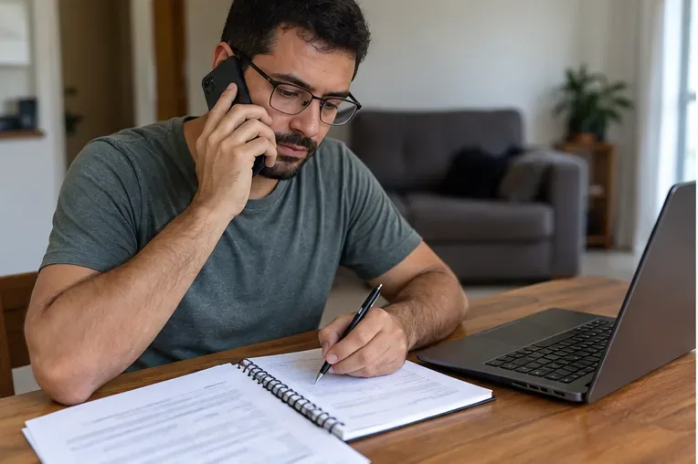 Pessoa falando ao telefone enquanto anota dados de protocolo e informações sobre correção de vínculo previdenciário