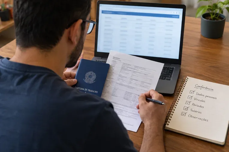 Pessoa comparando carteira de trabalho, documentos e uma lista de conferência ao revisar um vínculo após o pedido de correção