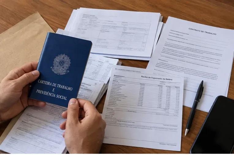 Carteira de trabalho, contrato e comprovantes de remuneração organizados sobre uma mesa para conferência de vínculo