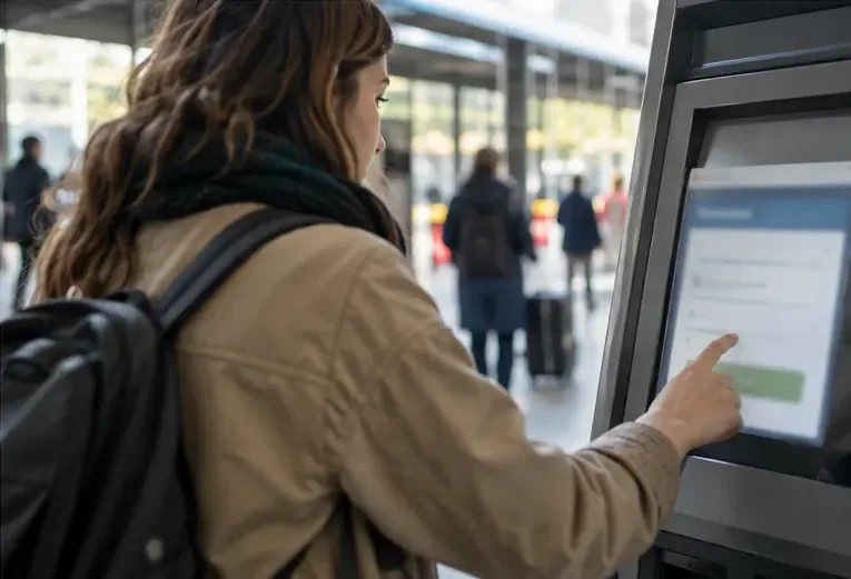 Una viajera introduce un código en un terminal de compra de billetes en una estación