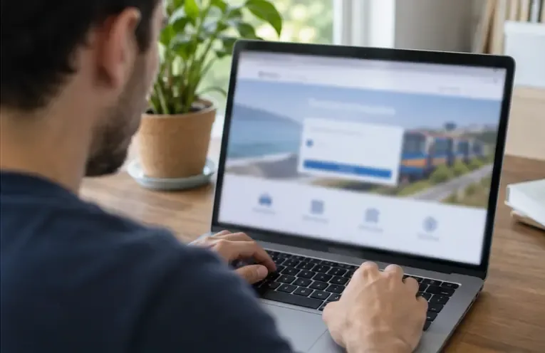 Una persona abre en un portátil el portal de registro de viajes con la pantalla desenfocada
