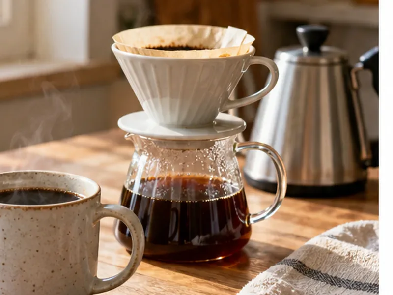 A ceramic pour-over dripper draining brewed coffee into a glass carafe beside a kettle and coffee cup.