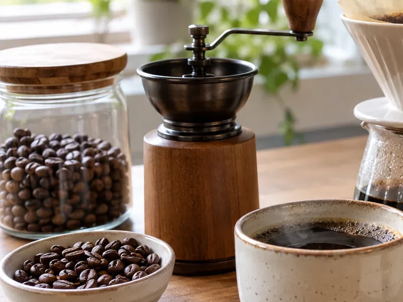 Whole roasted coffee beans beside a hand grinder and a cup of brewed coffee on a kitchen counter.