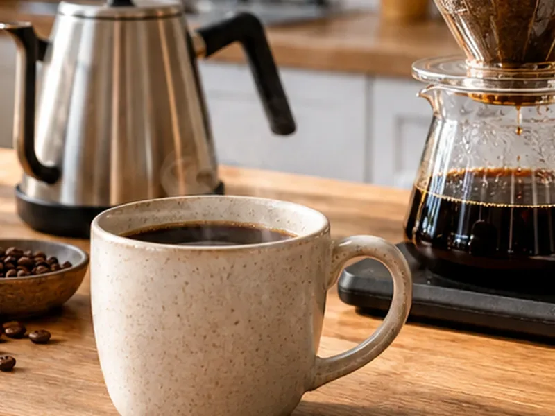 A finished cup of black coffee in front of a kettle and glass carafe after pour-over brewing.
