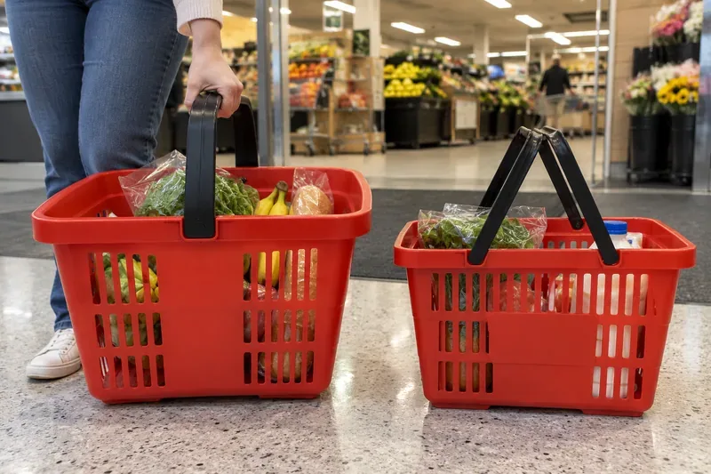 Two red supermarket shopping baskets with different handle layouts beside a shopper in a grocery store