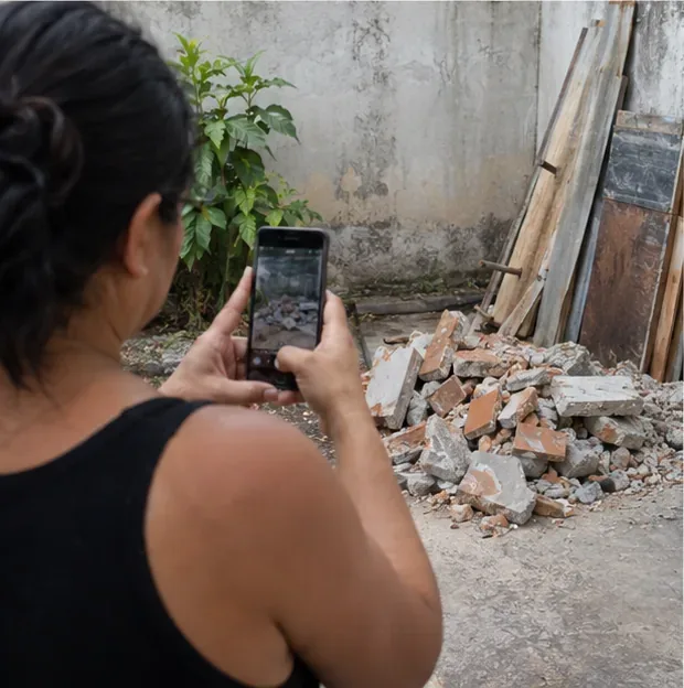 Moradora fotografa com o celular uma pilha pequena de entulho de reforma separada junto a tábuas e pedaços de cerâmica