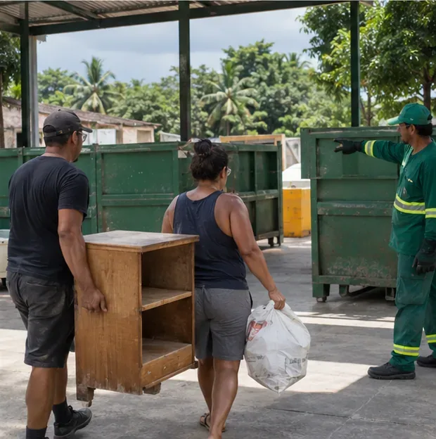 Moradores levam um armário de madeira e um saco de resíduos a uma área organizada de recebimento, enquanto um funcionário indica o local de entrega