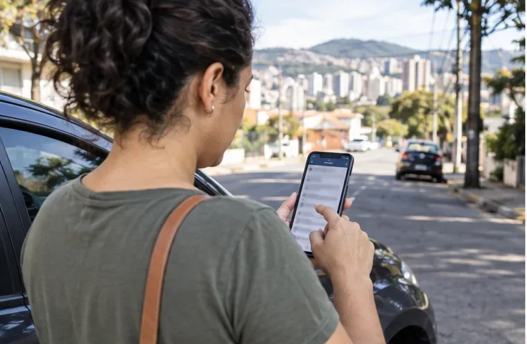 Moradora consultando uma lista no celular ao lado de um carro em uma rua de Belo Horizonte