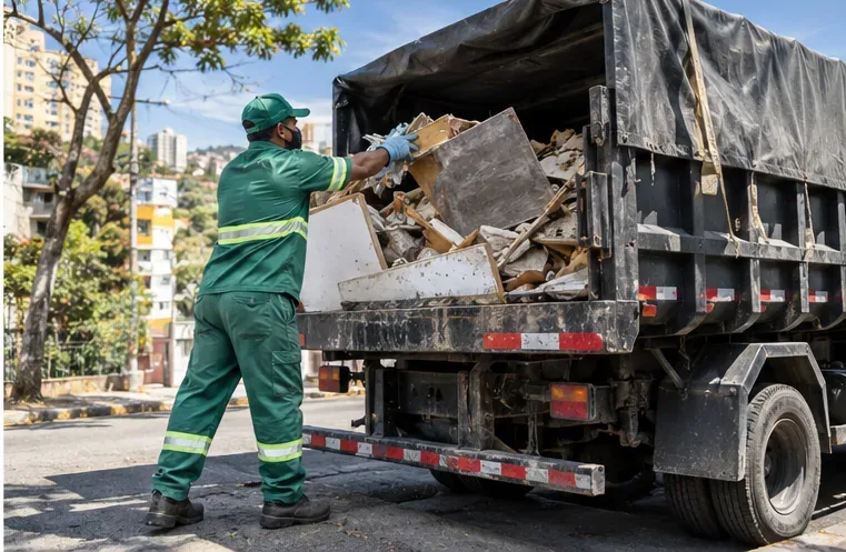 Trabalhador com equipamento de proteção carregando restos de madeira e entulho em um caminhão coberto