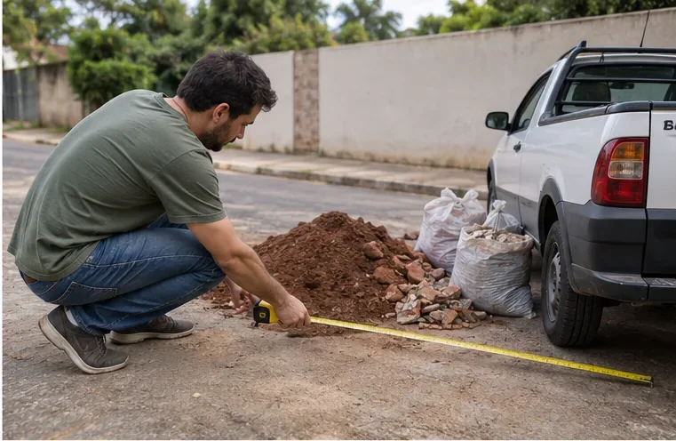 Morador medindo uma pilha de terra e restos de tijolos ao lado de uma pequena caminhonete