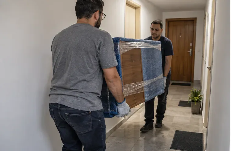 Duas pessoas carregando com cuidado um móvel protegido por plástico em um corredor de prédio