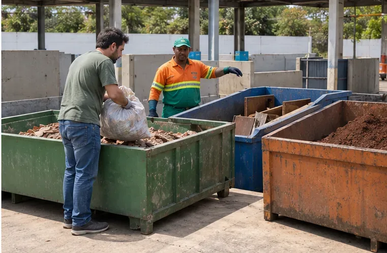 Morador descarregando um saco de entulho em uma caçamba enquanto um trabalhador orienta a separação dos materiais