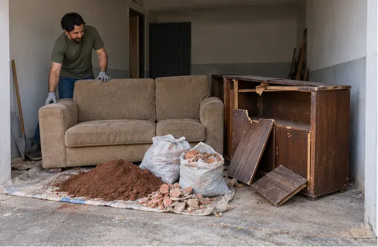 Morador separando sofá velho, armário de madeira danificado, terra e restos de tijolos em uma garagem