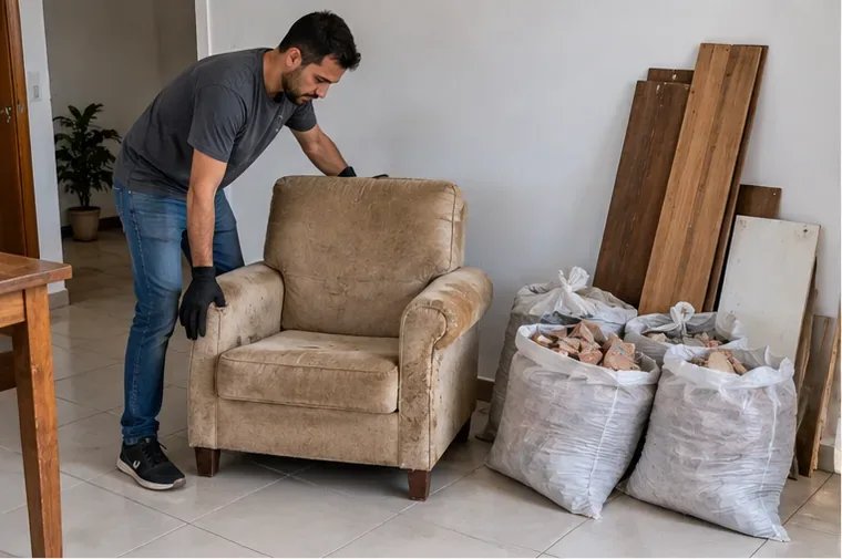 Morador separando uma poltrona usada, peças de madeira e sacos com pequenos restos de obra antes do descarte